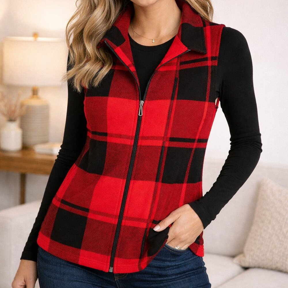 Chaps Red and Black Plaid Knit asymmetrical zipped vest, collared,